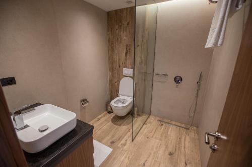 a bathroom with a toilet and a sink and a shower at Brezovica Hotel & SPA in Brezovicë
