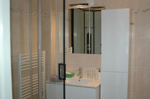 a bathroom with a sink and a white refrigerator at Bed & Breakfast de Vrijheid in Ede