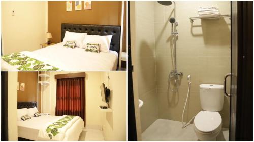 - deux photos d'une salle de bains avec un lit et une douche dans l'établissement Tienery Guesthouse, à Tanjungkarang