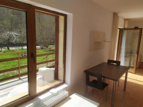 a room with a window with a table and a chair at Complex Adela Transfăgărășan in Cîrţişoara