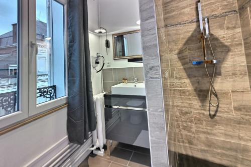 a small bathroom with a sink and a shower at Les Appartements Fénelon in Le Cateau