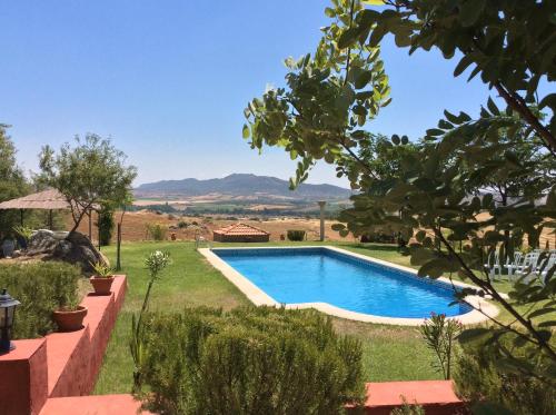 a swimming pool in a garden with mountains in the background at Casa Rural Romana in Don Álvaro
