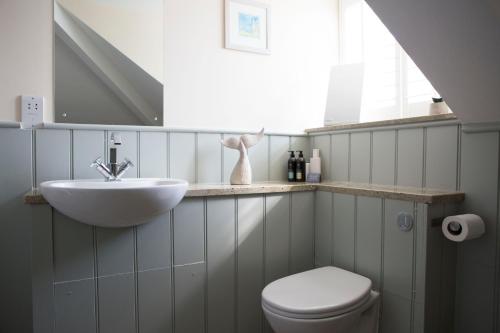a bathroom with a sink and a toilet and a window at Seacroft in Holyhead