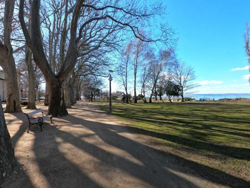 a park with a bench and trees and a light pole at Gosztonyi Villa in Siófok