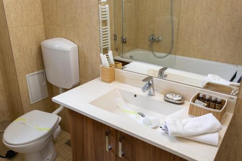 a bathroom with a sink and a toilet and a tub at Pension Carmen`s Mansion A in Sinaia