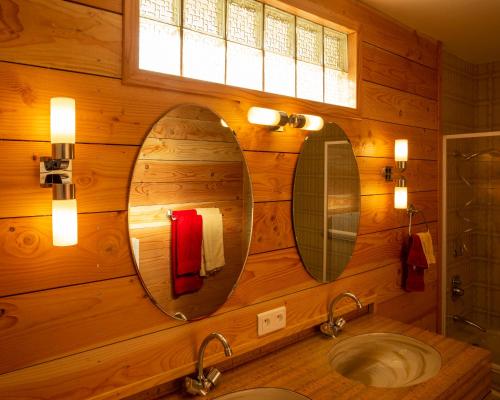 une salle de bain avec un lavabo et un miroir dans l'établissement Un Havre de paix en bordure de la Dordogne, à Lalinde