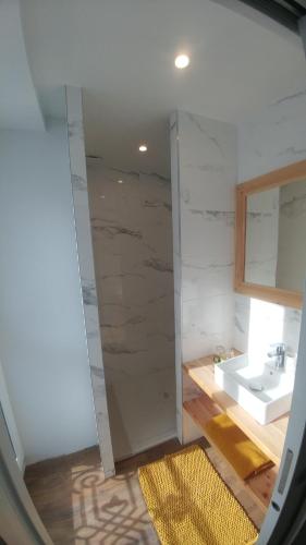 a bathroom with a sink and a mirror at Hôtel Le Cassini in Le Freney-dʼOisans