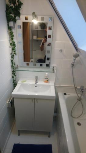 uma casa de banho com um lavatório, um espelho e uma banheira em Private Zimmer bei der Weser-Ems-Halle em Oldenburg