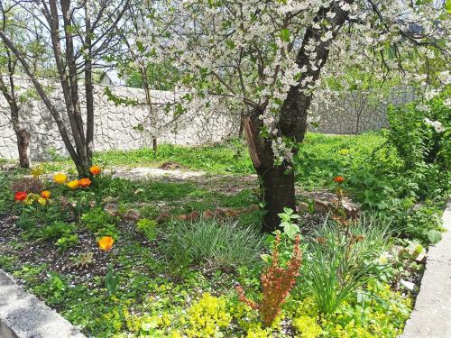 a garden with a flowering tree and flowers at Jermatun Guest House in Dilijan