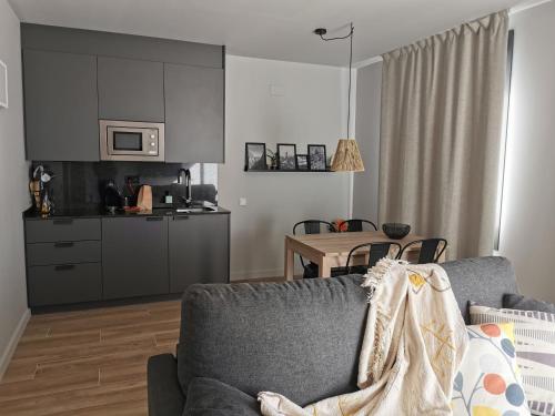 a kitchen and a living room with a couch and a table at Apartaments Agulles de Montserrat in Monistrol