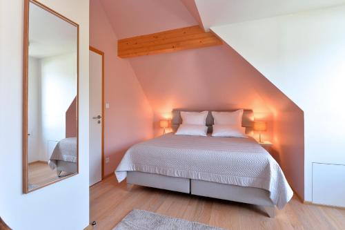 a bedroom with a bed and a large mirror at Gîte les oiseaux in Kaysersberg