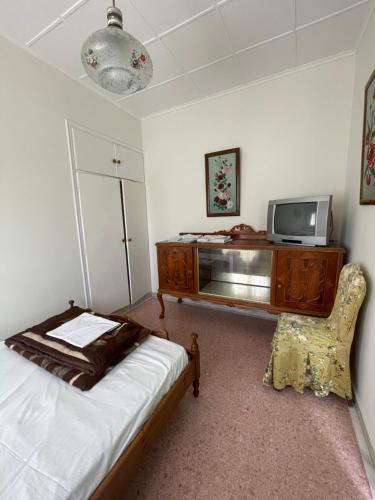 a bedroom with a bed and a tv on a dresser at Odysseus in Vrontados