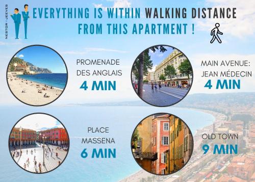 un collage de photos d'une plage avec les mots « tout est à distance de marche » dans l'établissement Nestor&Jeeves - PALAIS MARIE PRESTIGE - Central - Close sea, à Nice