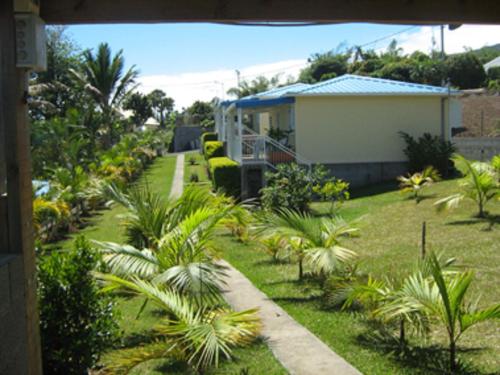 a garden with palm trees and a house at Les Bungalows du Mont-Auban in Sainte-Clotilde