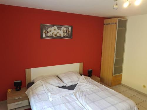 een slaapkamer met een bed met een rode muur bij Zimmerappartement "Rose" - Ferienwohnungen Wagner & Gaul in Falkenauel