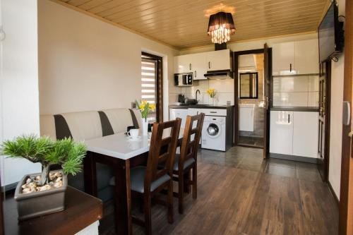 a kitchen and dining room with a table and chairs at Pokoje i apartamenty u Sabiny - apartament i domek z jacuzzi na wyłączność in Szczawnica