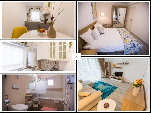 a collage of photos of a bedroom and a living room at RentForComfort Apartment Ella in Braşov