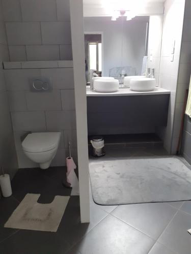 ein Badezimmer mit zwei Waschbecken und einer Toilette in der Unterkunft Grande Chambre d'Hôte proche Disneyland et Parc des Félins in Guérard