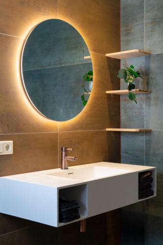 a bathroom with a white sink and a mirror at Huize Goede Reede in Oudemirdum