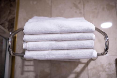 a stack of towels on a towel rack in a bathroom at Golden Sand Hotel in Istanbul
