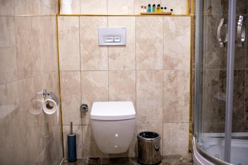 a bathroom with a toilet and a shower at Golden Sand Hotel in Istanbul