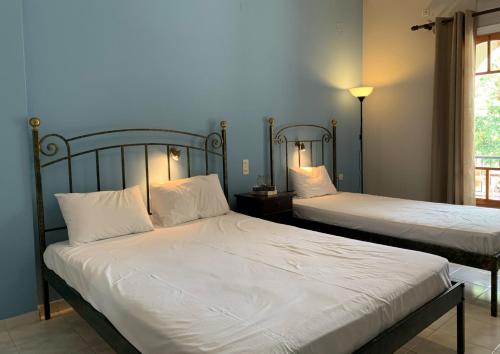 2 letti in una camera con pareti blu di Katerinas Inn Apartments a Keríon