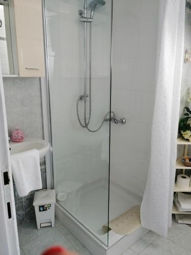 a shower with a glass door in a bathroom at Studio Apartments Kuljiš in Vis