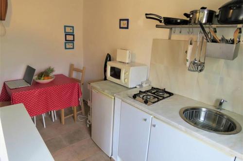 a small kitchen with a stove and a microwave at Casinha de Aldeia no coração da Costa Vicentina in Vila do Bispo