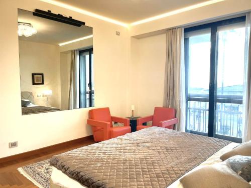 una camera con un letto e un grande specchio di Appartamento fronte mare con parcheggio privato a Viareggio