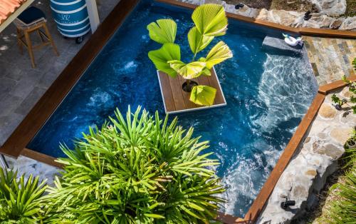 an overhead view of a pool with a table with plants at Kaz O'Rocher - Sea View Appartements in Le Diamant