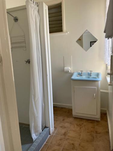 een badkamer met een blauwe wastafel en een douche bij Happy Wanderer Motel Cohuna 70s style in Cohuna