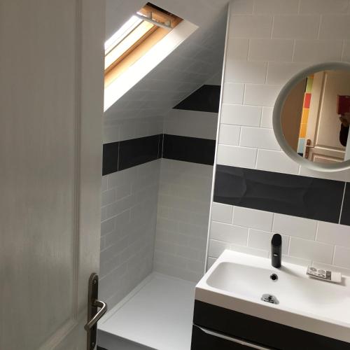a bathroom with a sink and a mirror at LA MAISON de GUSTAVE 20MN BEAUVAL in Vicq-sur-Nahon