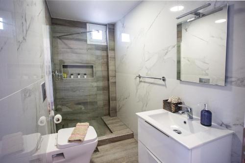 a bathroom with a shower and a toilet and a sink at JOY C Deluxe in Iraklitsa