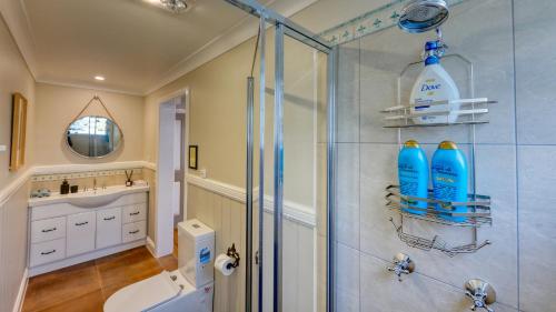 baño con ducha y 2 botellas en la pared en Mitta Glen GuestHouse en Flaxton