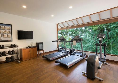 a gym with three tread machines and a large window at The Tamara Coorg in Kakkabe