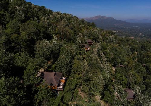 an aerial view of a house in the middle of a forest at The Tamara Coorg in Kakkabe