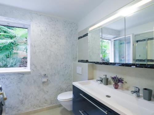 a bathroom with a toilet and a sink and a mirror at Apartments Villa Sofia in Crveni Vrh