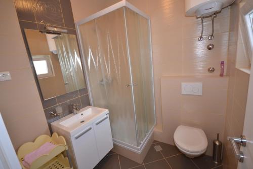 a bathroom with a shower and a toilet and a sink at Apartment Smokrovic in Starigrad