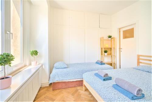 1 Schlafzimmer mit 2 Betten und einem Fenster in der Unterkunft Lily Apartment. Historic Center of Antwerp in Antwerpen