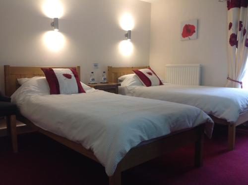 two beds in a room with white and red pillows at Afon Duad Inn and Dolau Cottage in Cwm-Duad