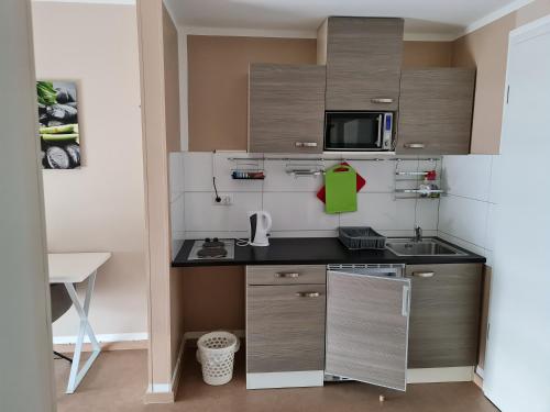 una pequeña cocina con fregadero y microondas en Aparthotel Magnolia, en Oberursel