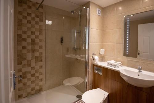 a bathroom with a shower and a sink and a toilet at Riverside Hotel in Sligo