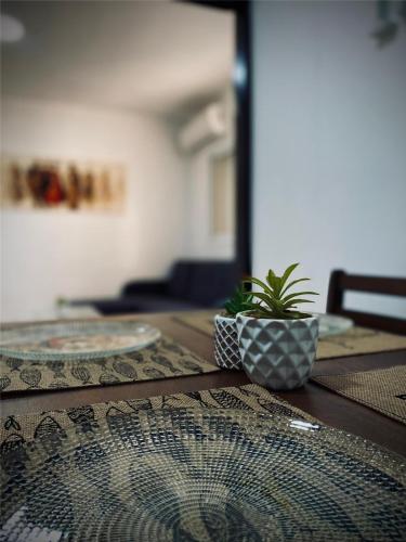 a table with two plates and a potted plant on it at Dream On The Sea Of Galilee in Tiberias