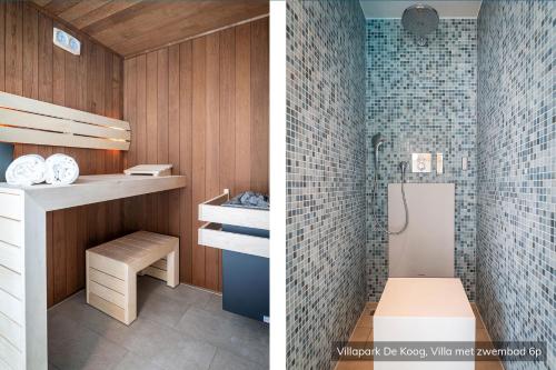 two pictures of a bathroom with a toilet and a shower at Villapark De Koog in De Koog