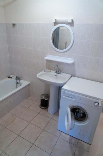 a bathroom with a washing machine and a sink at Gîte Mairie in Fosse
