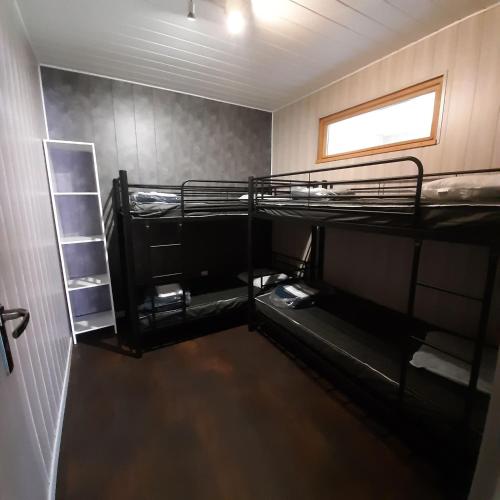 une chambre avec deux lits superposés et une fenêtre dans l'établissement Gîtes Les P'tites Maisons dans la Prairie, à Sallertaine