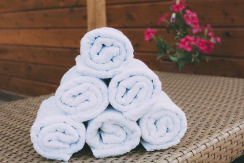 a pile of towels sitting on a table at 7 Green Adrasan in Adrasan