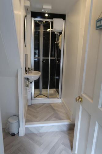 a bathroom with a shower and a sink and a door at Red Squirrel Cottage in Strathtay
