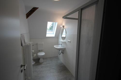 a bathroom with a toilet and a sink and a mirror at Gästehaus 53 Nord in Wilhelmshaven