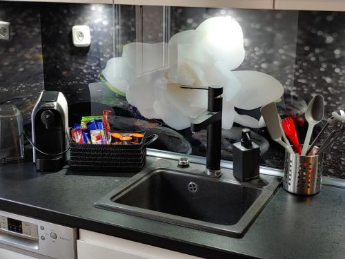 a kitchen counter with a sink and utensils at Apartament Przy Kortach in Bytom